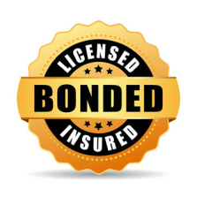 A badge with a gold border displaying the words "Licensed, Bonded, Insured" in large letters.